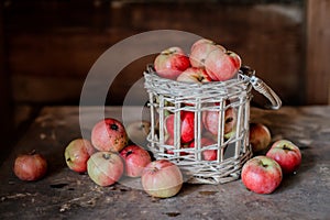 Fresh harvest of ripe and healthy farm apples in a glass jar, in a basket
