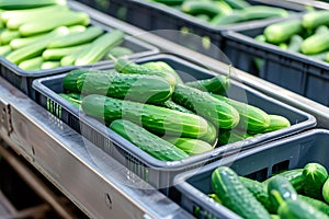 Fresh Harvested Cucumbers in Plastic Boxes on Conveyor Belt