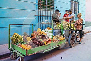 Fresh harvested fruit and vegetable to sell. Vendor selling bananas, tomatos, onions pumpkins, cabbage in street of Habana, Cuba.