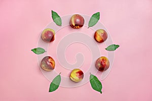 Fresh harvested nectarines, plate, leaves lies round on pink background Vegetables vitamin Keratin Natural Peach Organic