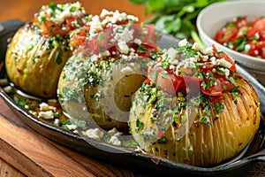 Fresh Hasselback Potatoes Topped with Tomato, Herbs, and Feta Cheese Served on Black Tray