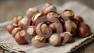 Fresh hazelnuts with shells on rustic cloth