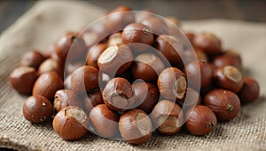 Fresh hazelnuts with shells on rustic cloth