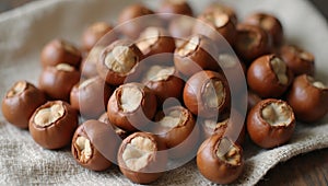 Fresh hazelnuts with shells on rustic cloth