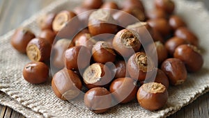 Fresh hazelnuts with shells on rustic cloth