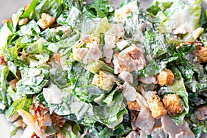 Fresh healthy caesar salad close up macro image