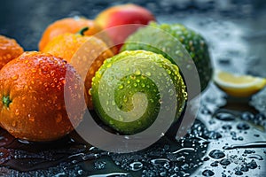 Fresh healthy citrus fruits with drops of water. Mandarins and limes. AI Generated