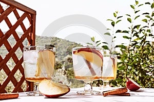 Fresh and healthy cocktail or mocktail with apple, ice, cinnamon and herbs. Refreshing summer drink on nature background