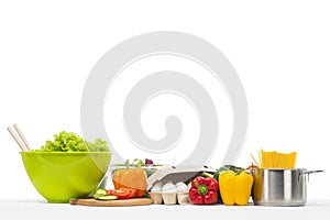 Fresh and healthy food collage on white