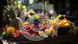 Fresh, healthy fruit grape, pineapple, orange, strawberry, lemon, lime, raspberry, tomato, banana, melon generated by AI