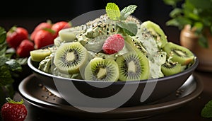 Fresh, healthy fruit salad on wooden plate, perfect summer snack generated by AI