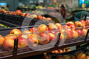 Fresh healthy fruits on shelves in supermarket