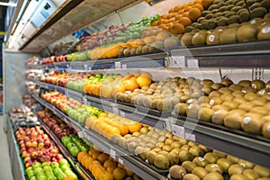 Fresh healthy fruits on shelves in supermarket