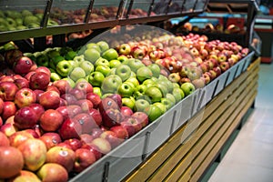 Fresh healthy fruits on shelves in supermarket