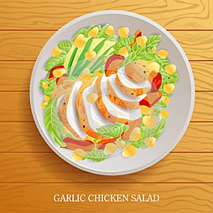 Fresh and Healthy Garlic Chicken Salad on wooden background