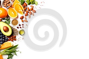 Fresh healthy grocery fruits nuts avocado oranges on white background with empty copy space