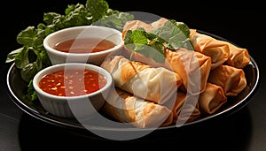 A fresh, healthy meal vegetarian spring rolls with savory sauce generated by AI