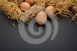 Fresh healthy organic, free-range speckled brown eggs with hay nest flat lay on black background. Negative, copy space for design.