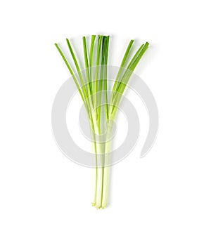 Fresh healthy organic green vegetable garlic chives, chinese chive sliced, green herb isolated on white background