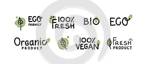 Fresh healthy organic vegan food logo labels and tags. Vector hand drawn illustration. Vegetarian eco green concept