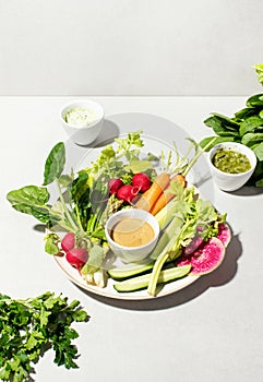 Fresh healthy raw vegetable snack served with various dips