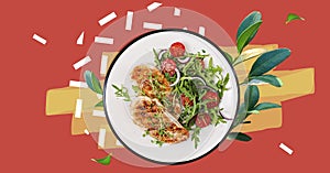 Fresh healthy salad with chicken breast, cherry tomatoes, onion and arugula. on abstract colorful background. Fitness meal. Lunch