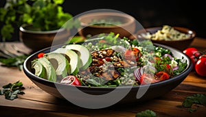 Fresh, healthy salad with grilled meat and vegetables on wooden plate generated by AI