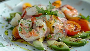 Fresh, healthy salad grilled tomato, avocado, and seafood fille photo