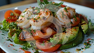 Fresh, healthy salad grilled tomato, avocado, and seafood fille photo