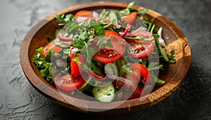 Fresh, healthy salad grilled tomato, avocado, and seafood fille photo
