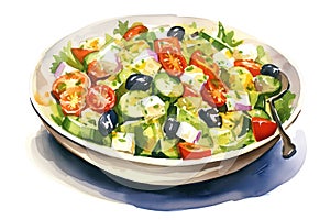 Fresh and Healthy Salad Meal: A Delicious Greek Appetizer with Green Lettuce, Cucumber, Tomato, Onion, Feta Cheese, and