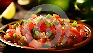 Fresh, healthy salad with organic vegetables on wooden plate generated by AI