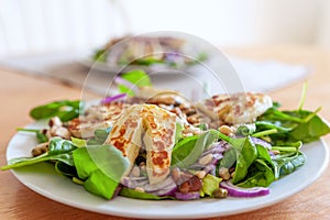 Fresh and healthy vegetable salad with chunks of grilled halloumi goat cheese on top