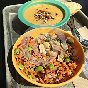 Fresh and Healthy Vegetable Salad in Meal Bowl with Curry Soup and Bread on Metal Tray