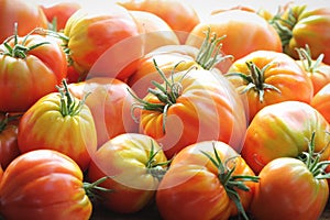 Fresh heirloom tomatoes background, organic produce at a Farmer`s market