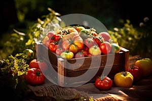 fresh heirloom tomatoes in wooden crate in evening garden, Generative AI