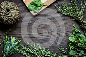 Fresh herb frame on dark wooden background top view