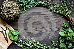 Fresh herb frame on dark wooden background top view