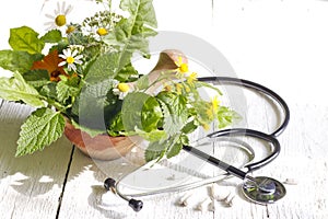 Fresh herb and stethoscope alternative medicine