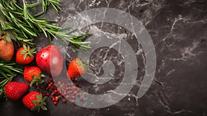 Fresh Herbs And Berries On Dark Stone Background