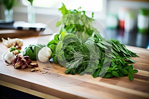 fresh herbs bunched on a chopping board