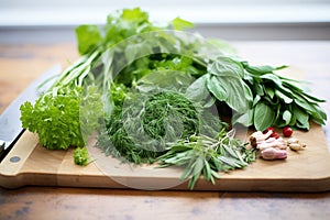 fresh herbs bunched on a chopping board