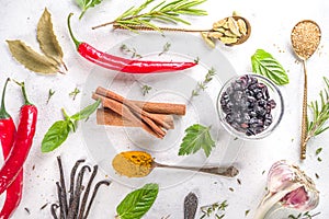 Fresh herbs, dried colorful spices