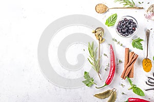 Fresh herbs, dried colorful spices