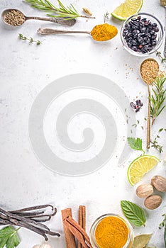 Fresh herbs, dried colorful spices