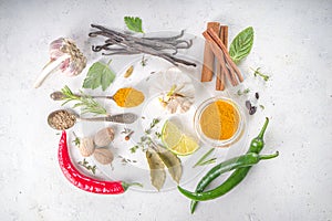 Fresh herbs, dried colorful spices