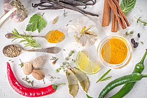 Fresh herbs, dried colorful spices