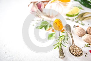 Fresh herbs, dried colorful spices