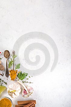 Fresh herbs, dried colorful spices