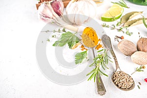 Fresh herbs, dried colorful spices